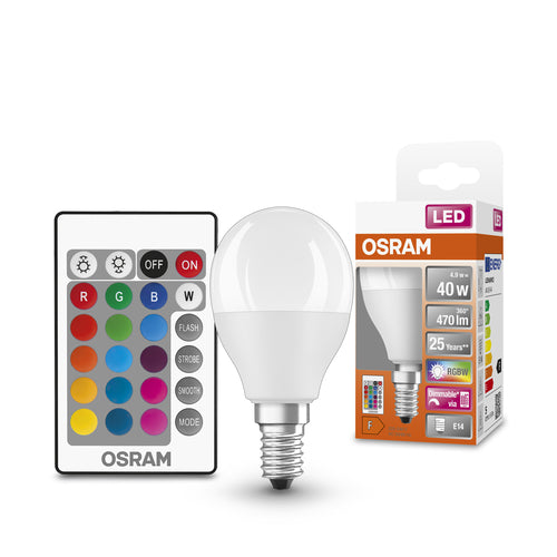 OSRAM LED Retrofit RGBW mehrfarbig LED Lampe mit Fernbedienung (ex 40W) 5,5W / 2700K Warmweiß, E14-Leuchtmittel-LEDVANCE Shop