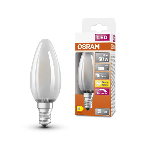 OSRAM Retrofit Classic B LED Lampe Kerzenform dimmbar matt (ex 60W) 6,5W / 2700K Warmweiß E14-Leuchtmittel-LEDVANCE Shop