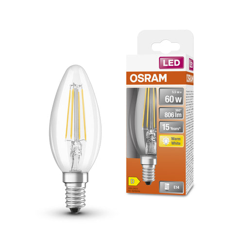 OSRAM Filament LED Lampe mit E14 Sockel, Kerzenform, Warmweiss (2700K), 6W, Ersatz für 60W-Glühbirne, LED Retrofit CLASSIC B-Leuchtmittel-LEDVANCE Shop