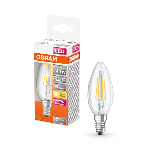OSRAM Retrofit Classic B LED Lampe Kerzenform dimmbar (ex 40W) 5W / 2700K Warmweiß, E14-Leuchtmittel-LEDVANCE Shop