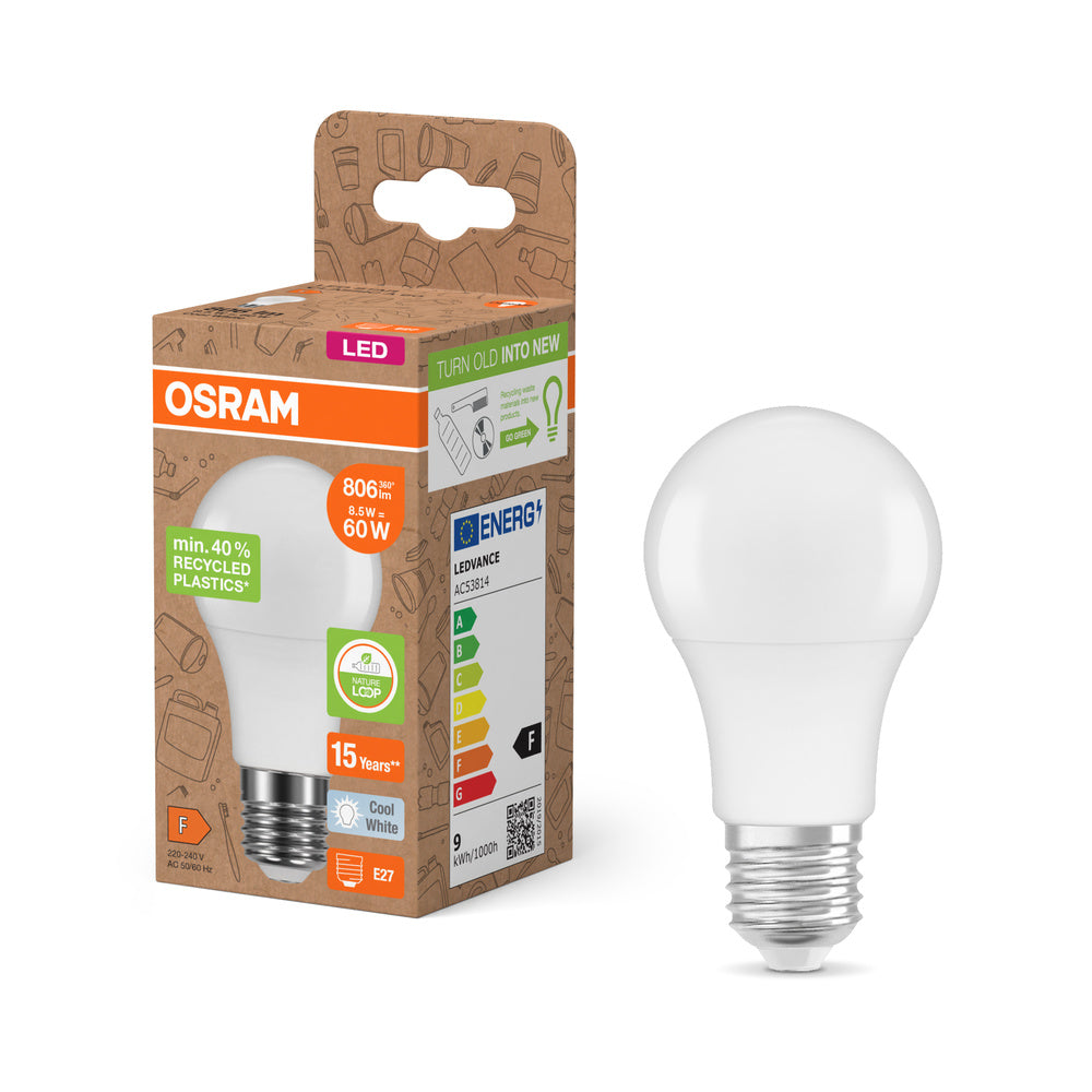 OSRAM LED Star Classic A 60 Lampe Recycled Plastic 8.5W Kaltweiß Frosted E27-Leuchtmittel-LEDVANCE Shop