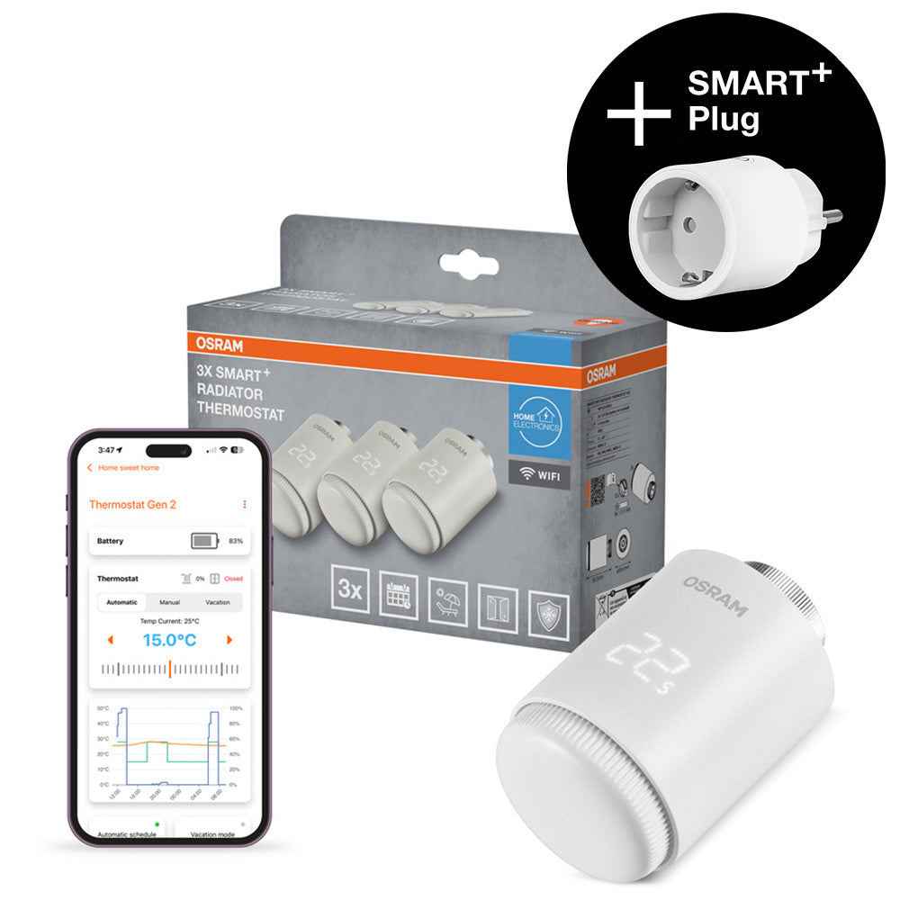AANBIEDING - OSRAM SMART+ WIFI slimme verwarmingsthermostaat, 4,5 V, wit, set van 3, 2e generatie, incl. gratis SMART+ Plug