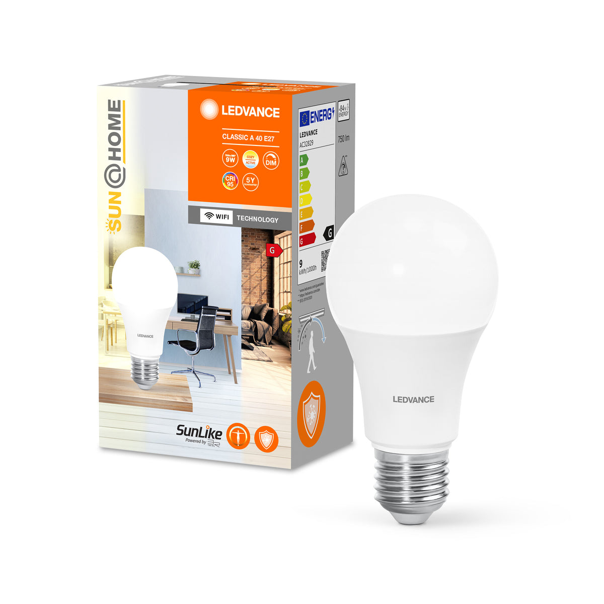 LEDVANCE Sun@Home Lampen, LED-lamp, mat, 9 W, (ex 40 W), 750 lm, lichtkleur instelbaar, van 2200 tot 5000 K, wifi, compatibel met smart speakers, dimbaar, SUN@HOME