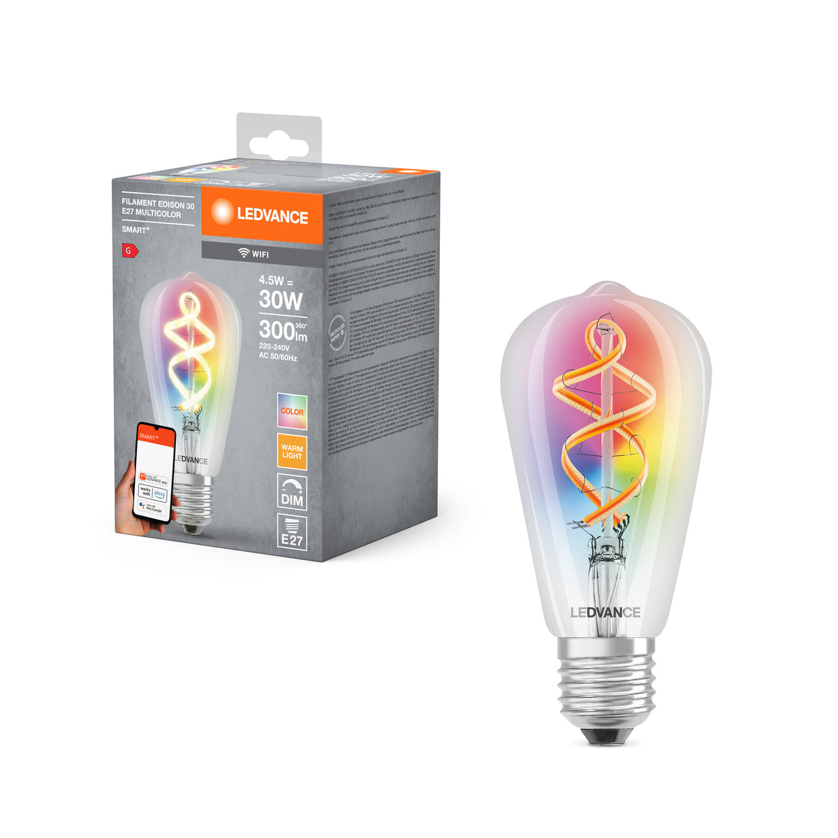 LEDVANCE SMART+ WiFi Filament Edison RGBW, LED-lamp, loodvrij glas, helder, 4,5 W, (ex 30 W), 300 lm, warmwit, 2700 K, wifi, compatibel met smart speakers, dimbaar