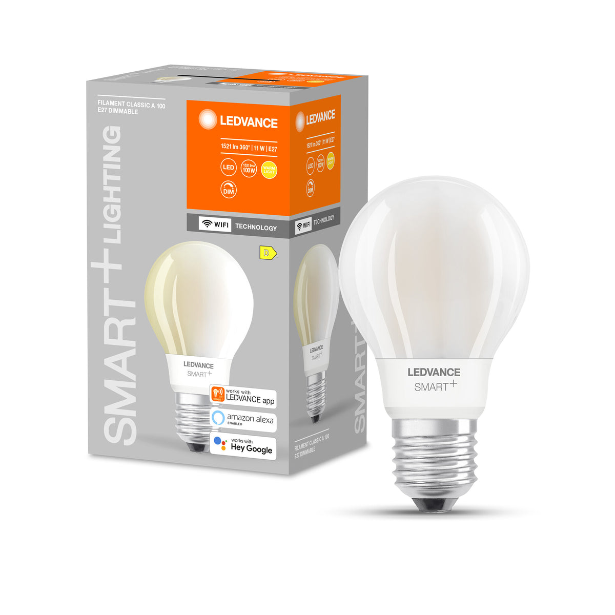 LEDVANCE SMART+ WiFi Filament Classic dimbaar, LED-lamp, loodvrij glas, mat, 11 W, (ex 100 W), 1521 lm, warmwit, 2700 K, wifi, compatibel met smartspeakers, dimbaar