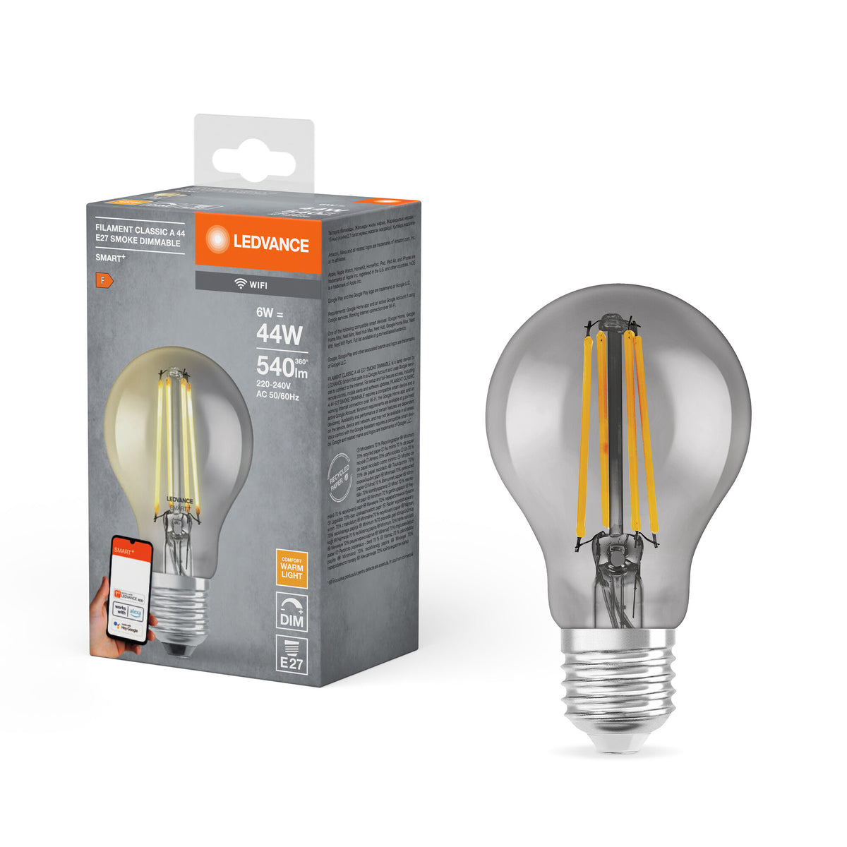 LEDVANCE SMART+ WiFi Filament Classic dimbaar, LED-lamp, loodvrij glas, rookkleurig, 6 W, (ex 44 W), 540 lm, warmwit, 2500 K, wifi, compatibel met smartspeakers, dimbaar