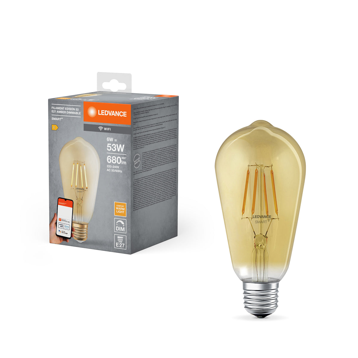 LEDVANCE SMART+ WiFi Filament Edison Dimmable in Edison-Form-Form, LED-Lampe, Bleifreies Glas, Gold, 6 W, 680 lm, Warmweiß, Wifi, Smartspeaker-Kompatibel, Dimmbar