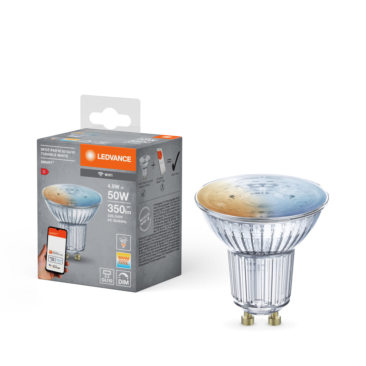 LEDVANCE SMART+ WiFi SPOT GU10 Tunable White in PAR16-Form, LED-Spot, Bleifreies Glas, 4,9 W, 350 lm, Lichtfarbe variabel, Wifi, Smartspeaker-Kompatibel, Dimmbar