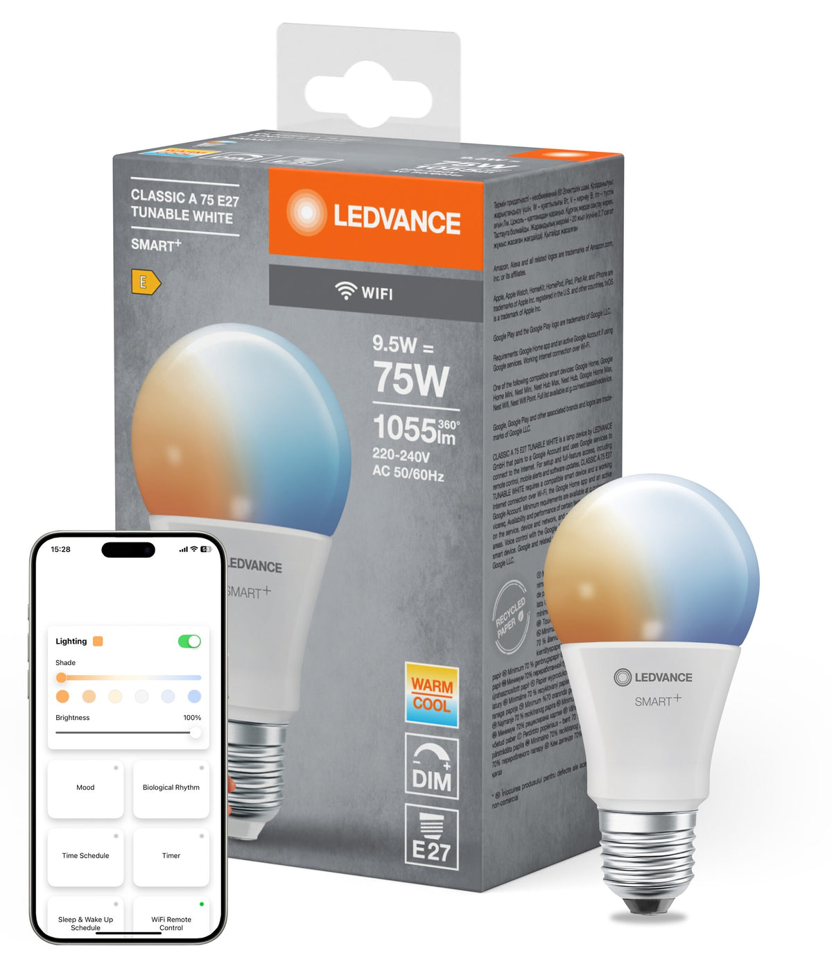 LEDVANCE SMART+ WiFi Classic Tunable White in A-vorm, LED-lamp, mat, 9,5 W, (ex 75 W), 1055 lm, lichtkleur instelbaar, wifi, compatibel met smart speakers, dimbaar
