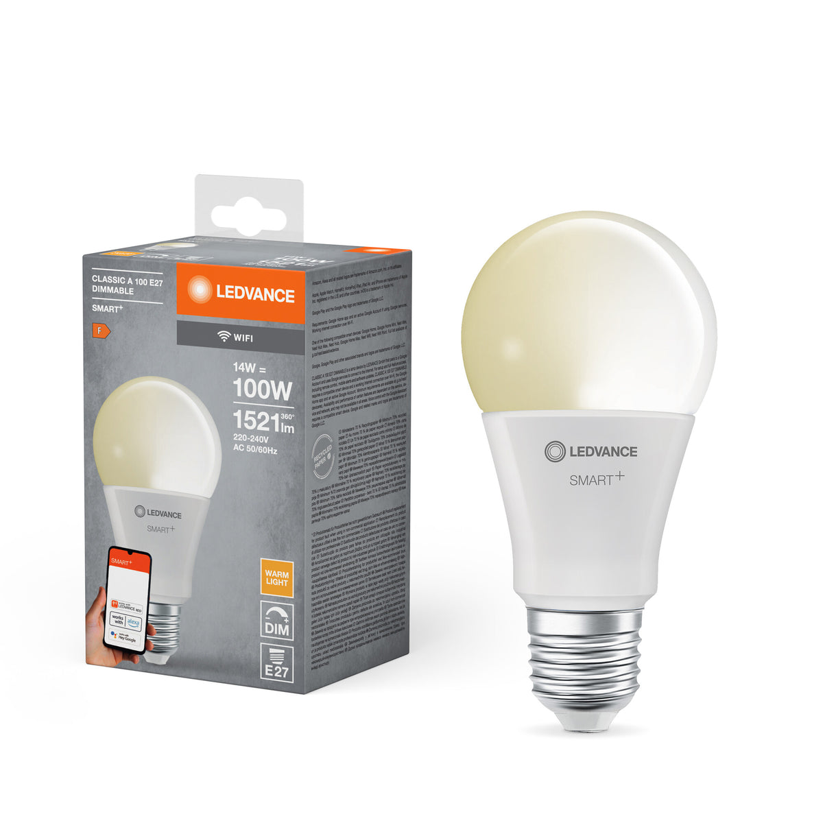 LEDVANCE SMART+ WiFi Classic Dimmable in A-Form, LED-Lampe, Matt, 14 W, (ex 100 W), 1521 lm, Warmweiß, 2700 K, Wifi, Google Assistant, Amazon Alexa, Dimmbar, 20000 h