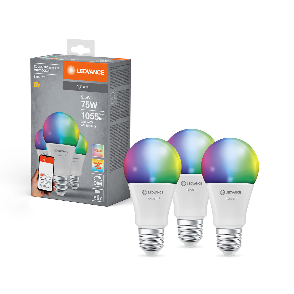 LEDVANCE SMART+ WiFi Classic Multicolour in A-Form, LED-Lampe, Matt, 9,5 W, (ex 75 W), 1055 lm, RGBW, von 2700 bis 6500 K, Wifi, Smartspeaker-Kompatibel, Dimmbar, 3er