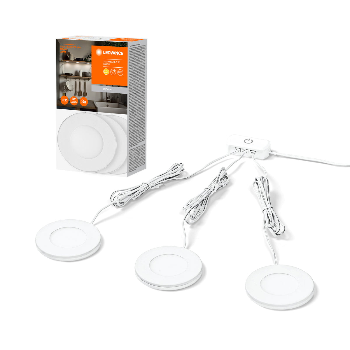 LEDVANCE Onderkastlamp 75MM 830LEDV, 8,5W, 3x230lm, rond ontwerp en warmwit licht (3000K), set van drie onderkastlampen met ingebouwde LED-module, beschermingsklasse IP20