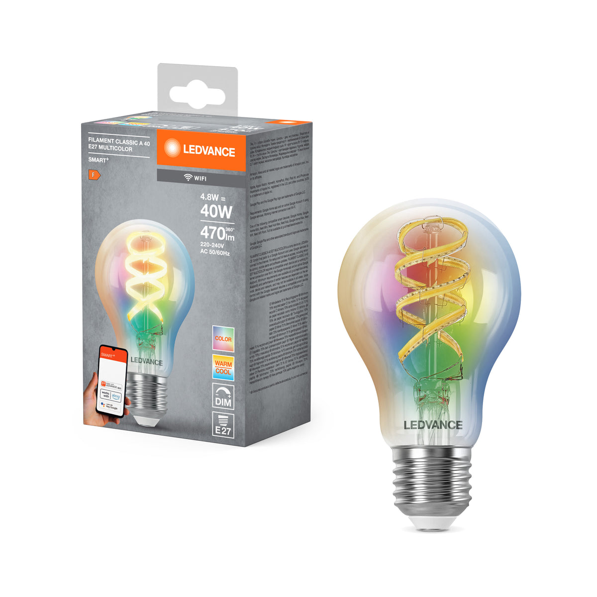 LEDVANCE SMART+WIFI Filament Classic RGBTW, LED-lamp, loodvrij glas, helder, 4,8 W, (ex 40 W), 470 lm, RGBW, 2700 K, wifi, compatibel met smart speakers, dimbaar