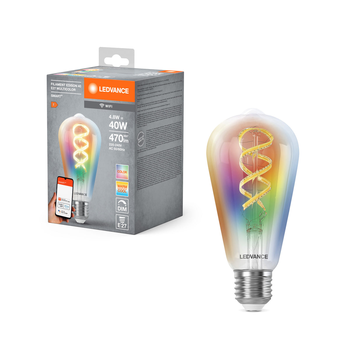 LEDVANCE SMART+WIFI Filament Edison RGBTW, LED-lamp, loodvrij glas, helder, 4,8 W, (ex 40 W), 470 lm, RGBW, 2700 K, wifi, compatibel met smart speakers, dimbaar