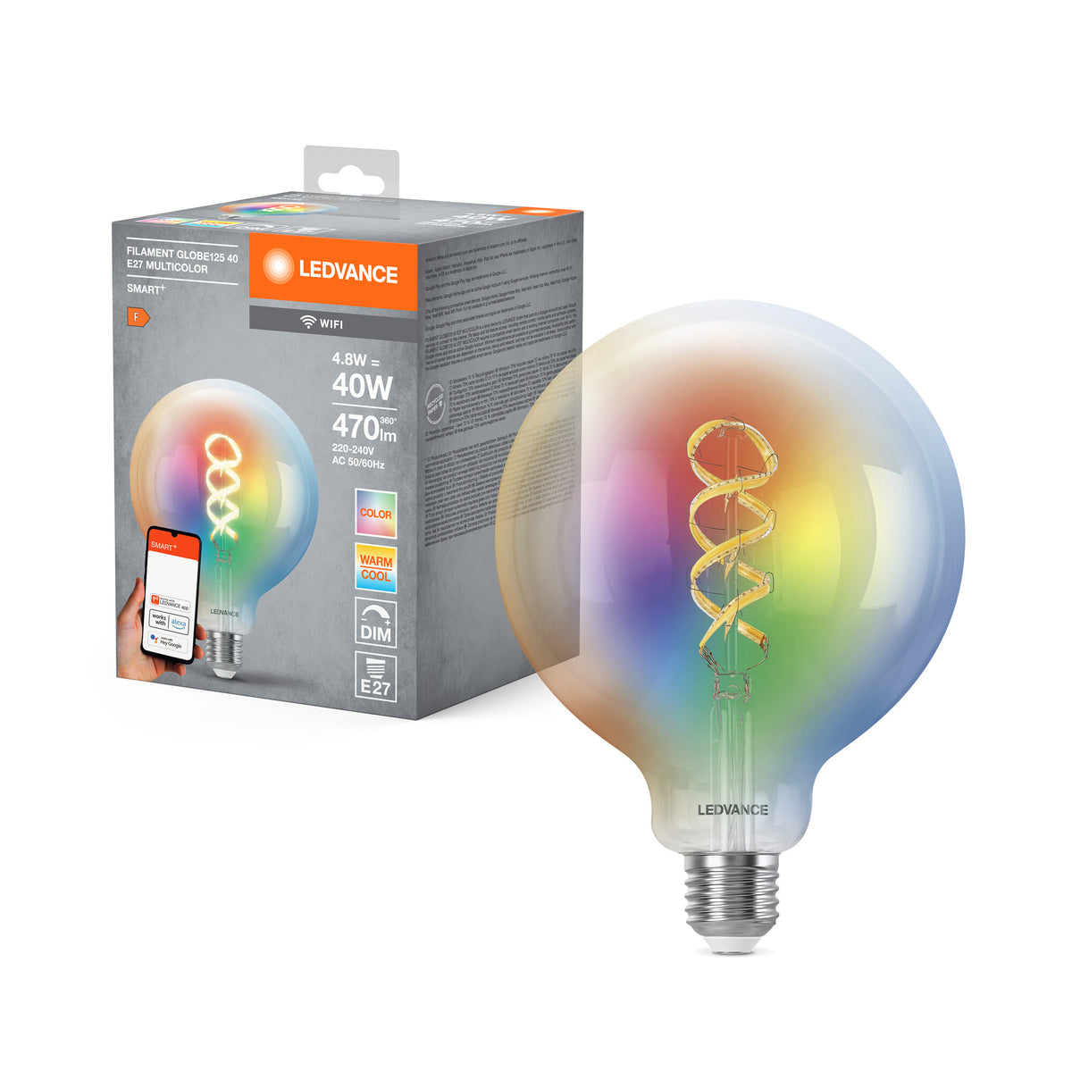LEDVANCE SMART+WIFI Filament Globe RGBTW in bolvorm, LED-lamp, loodvrij glas, helder, 4,8 W, (ex 40 W), 470 lm, RGBTW, van 2700 tot 6500 K, wifi, dimbaar