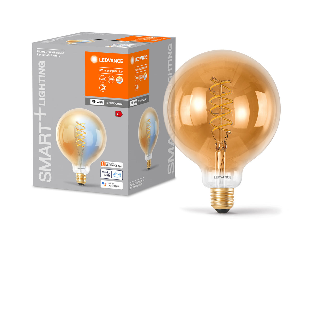 LEDVANCE Smart+ WiFi Filament Globe Tunable White 2200K in G125-vorm, LED-lamp, loodvrij glas, 600 lm, lichtkleur instelbaar, wifi, compatibel met smart speakers, dimbaar