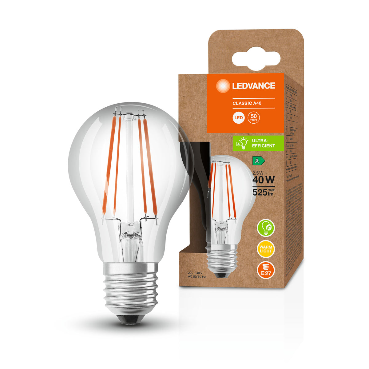 LEDVANCE LED CLASSIC A ENERGY EFFICIENCY A S in A-Form, LED-Lampe, Glas, Klar, 2,5 W, (ex 40 W), 525 lm, Warmweiß, 3000 K, Energieeffizienzklasse: A, 50000  h, CRI ≥80