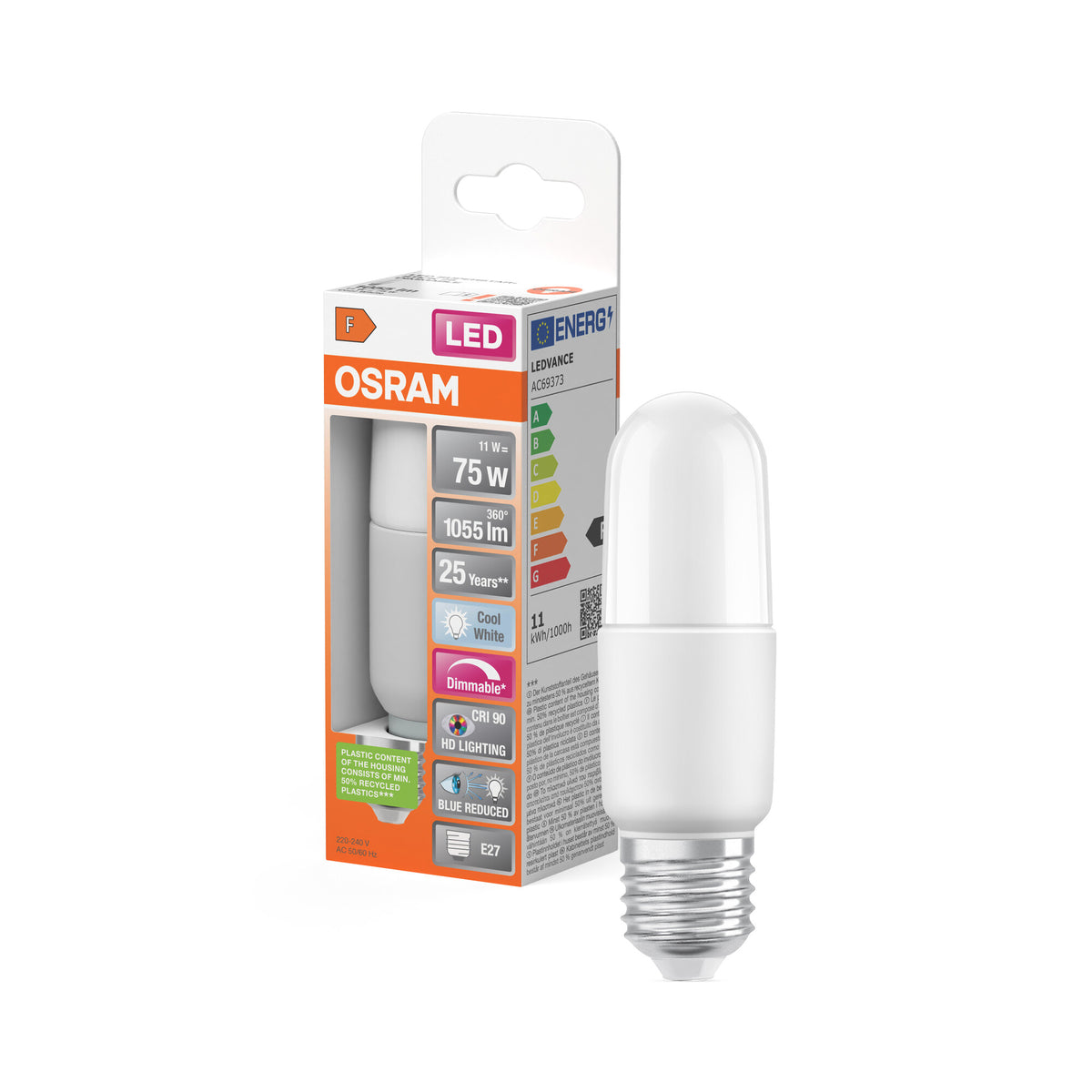 OSRAM LED SUPERSTAR PCR CLASSIC STICK DIM LAMP, LED-lamp, mat, 11 W, (ex 75 W), 1050 lm, koudwit, 4000 K, Dimbaar, CRI 90