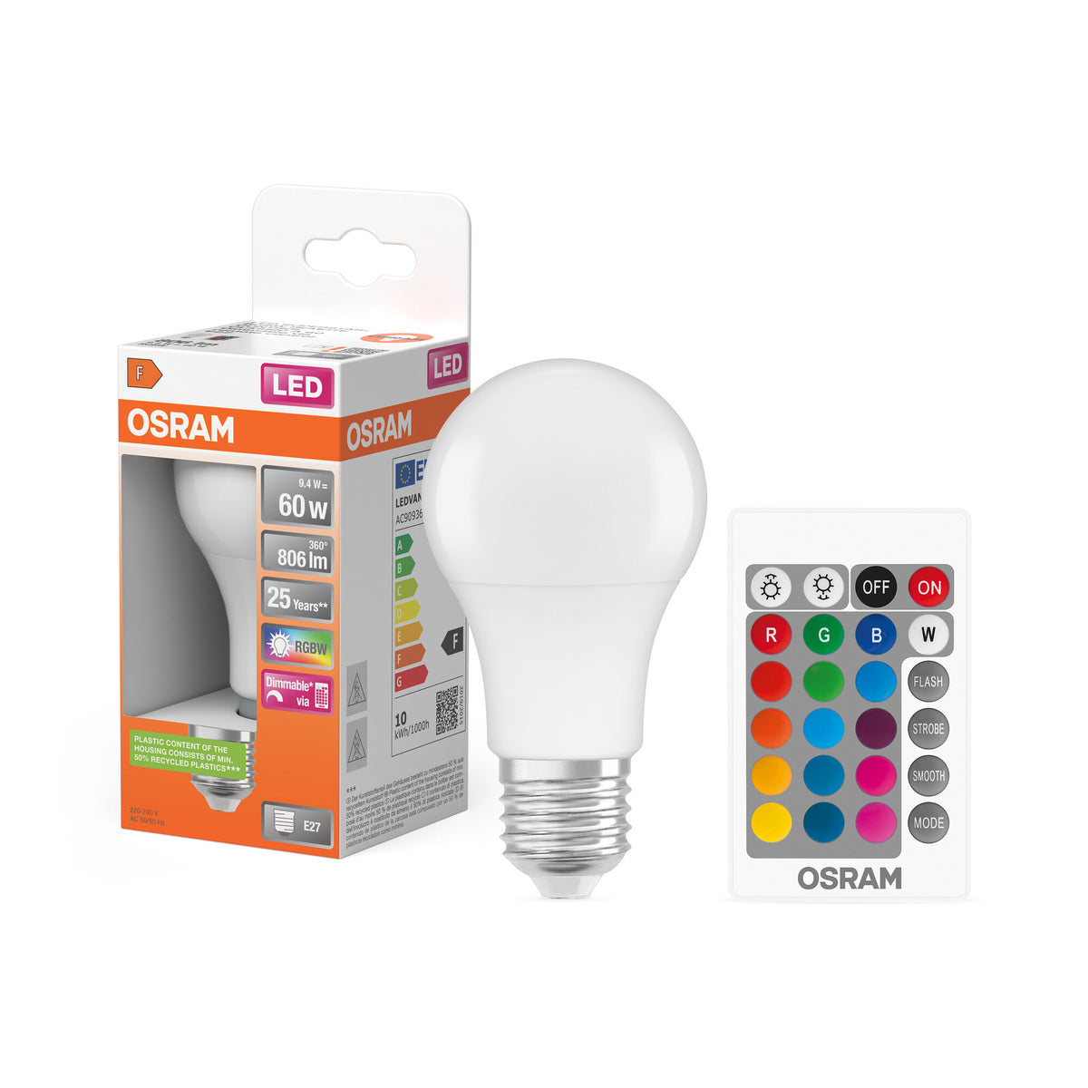 OSRAM LED Retrofit RGBW-lampen met afstandsbediening in A-vorm, LED-lamp, mat, 9,7 W, (voorheen 60 W), 806 lm, warmwit, 2700 K, dimbaar, 25.000 uur, CRI 80, afstandsbediening