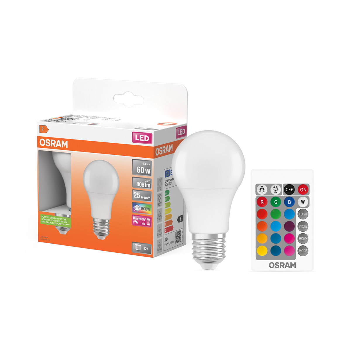 OSRAM LED Retrofit RGBW-lampen met afstandsbediening in A-vorm, LED-lamp, mat, 9,4 W, (ex 60 W), 806 lm, warmwit, 2700 K, dimbaar, 25.000 uur, CRI 80, afstandsbediening, set van 2