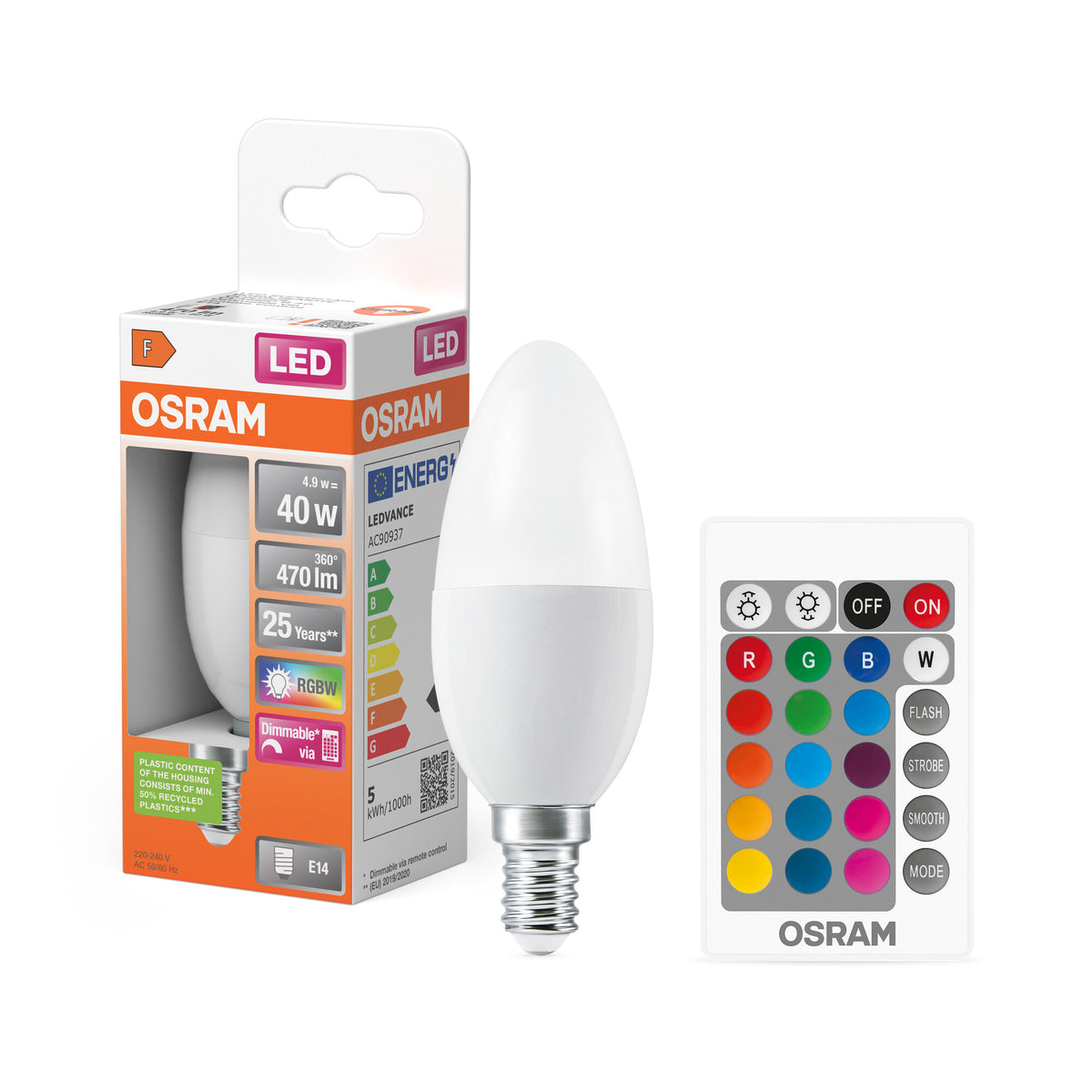 OSRAM LED Retrofit RGBW-lampen met afstandsbediening in B-vorm, LED-lamp, mat, 4,9 W, (voorheen 40 W), 470 lm, warmwit, 2700 K, dimbaar, 25.000 uur, CRI 80, afstandsbediening