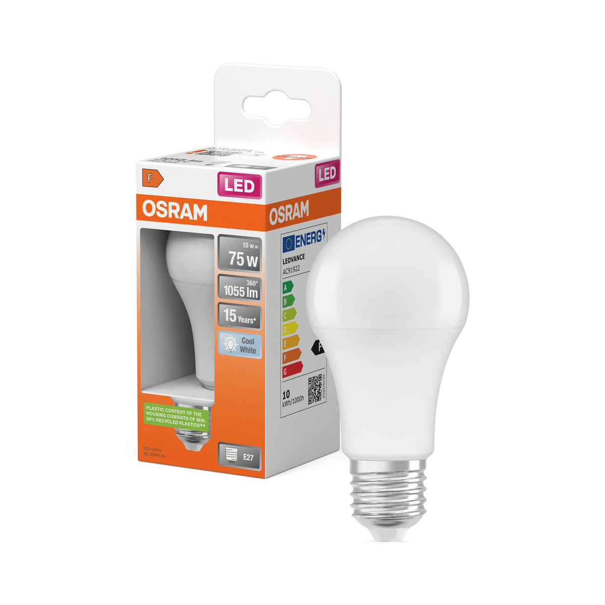 OSRAM LED-lamp met klassieke A-vorm, LED-lamp, mat, 10 W, (ex 75 W), 1055 lm, koudwit, 4000 K, 15.000 uur, CRI 80