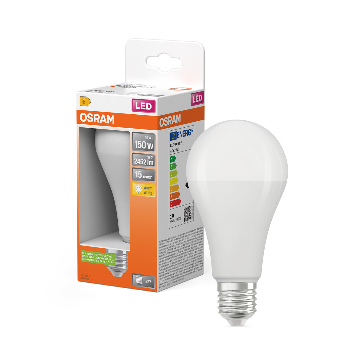 OSRAM LED-LAMP MET CLASSIC A IN A-VORM, LED-lamp, mat, 19 W, (ex 150 W), 2452 lm, warmwit, 2700 K, 15.000 uur, CRI 80
