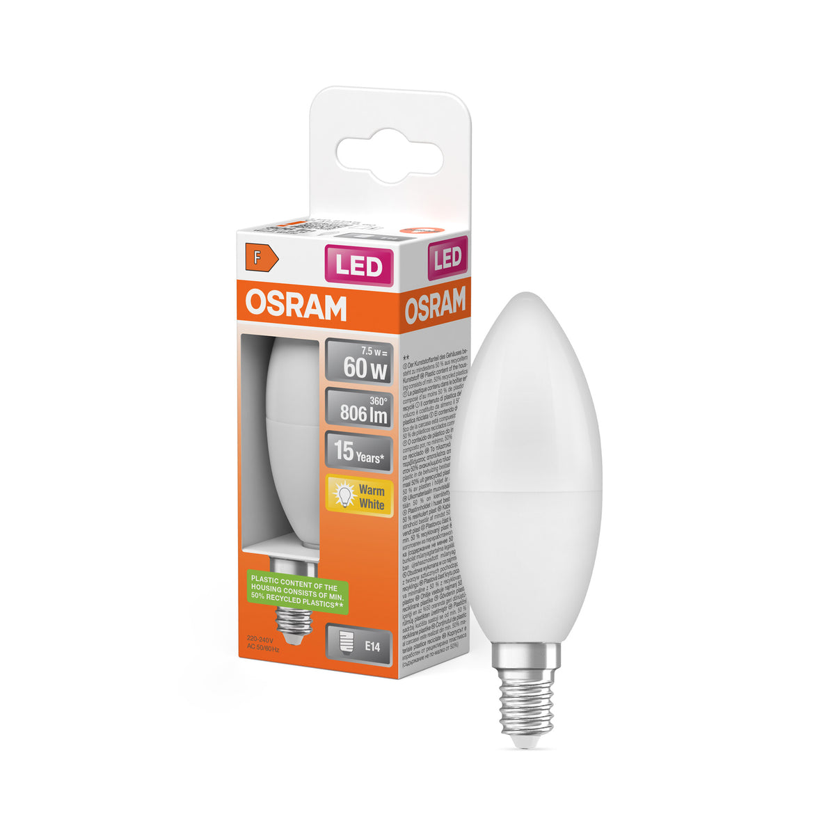 OSRAM LED PCR-LAMP MET CLASSIC B in B-vorm, LED-lamp, mat, 7 W, (ex 60 W), 806 lm, warmwit, 2700 K, 15.000 uur, CRI 80