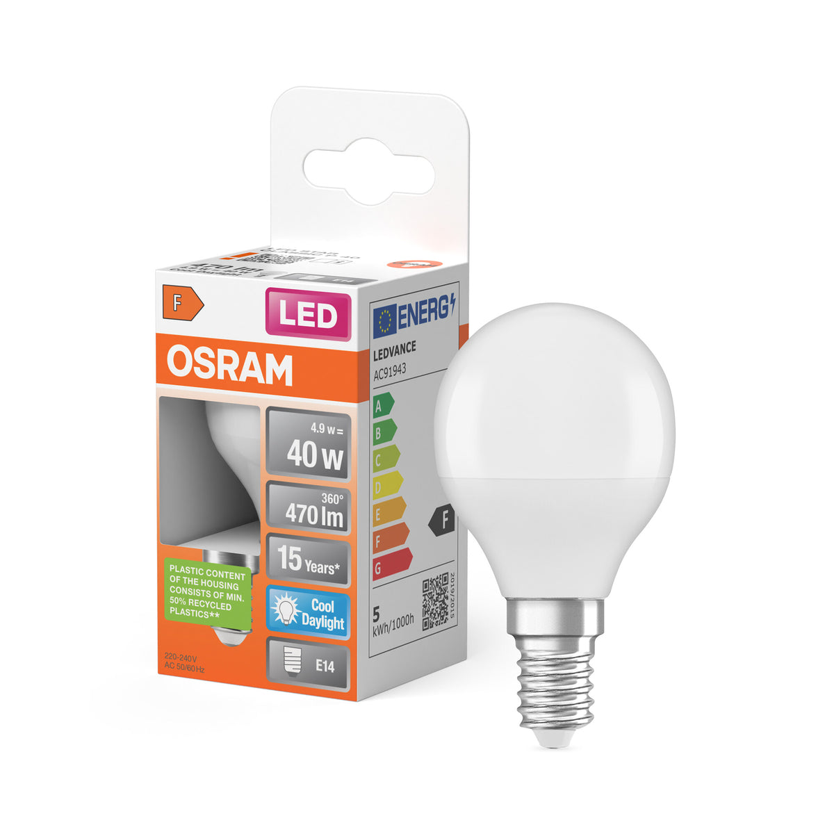 OSRAM LED PCR-LAMP MET CLASSIC P in P-vorm, LED-lamp, mat, 4,9 W, (ex 40 W), 470 lm, koudwit, 6500 K, 15.000 uur, CRI 80