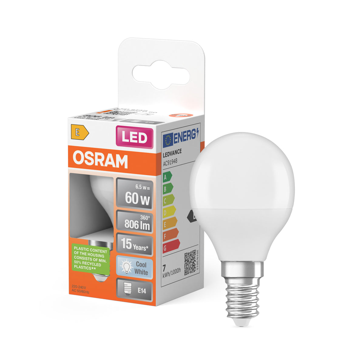 OSRAM LED PCR LAMP WITH CLASSIC P in P-Form, LED-Lampe, Matt, 7,5 W, (ex 60 W), 806 lm, Kaltweiß, 4000 K, 15000 h, CRI 80