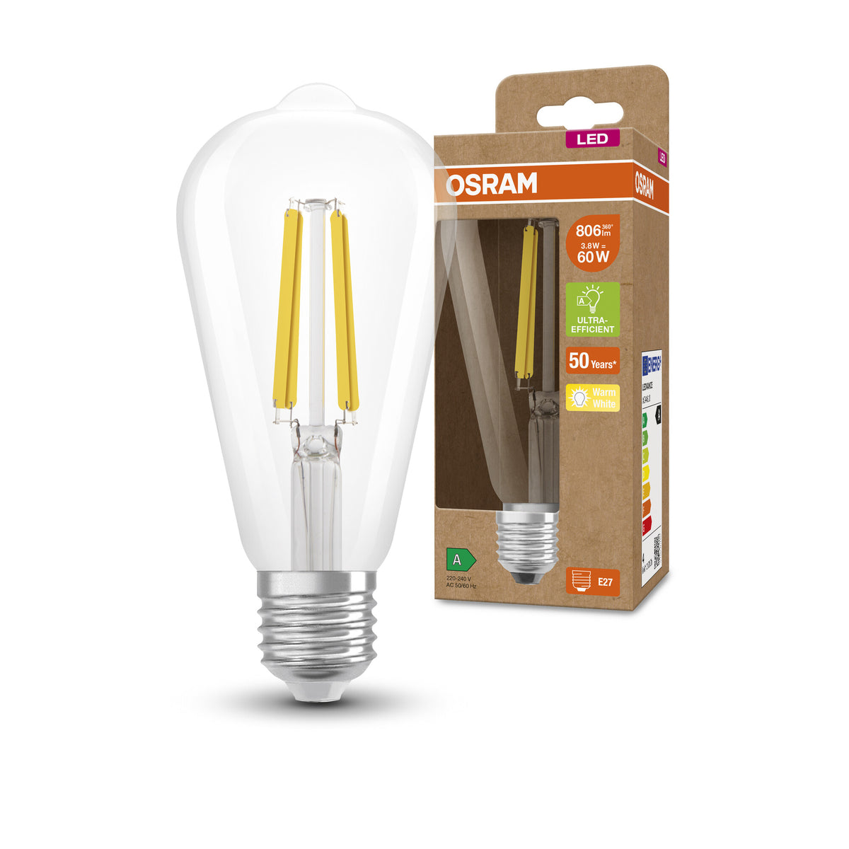 OSRAM LED-LAMPEN ENERGIEKLASSE A ENERGIE-EFFICIËNTIE FILAMENT CLASSIC EDISON, LED-lamp, loodvrij glas, helder, 4 W, (ex 60 W), 840 lm, warmwit, energie-efficiëntieklasse: A