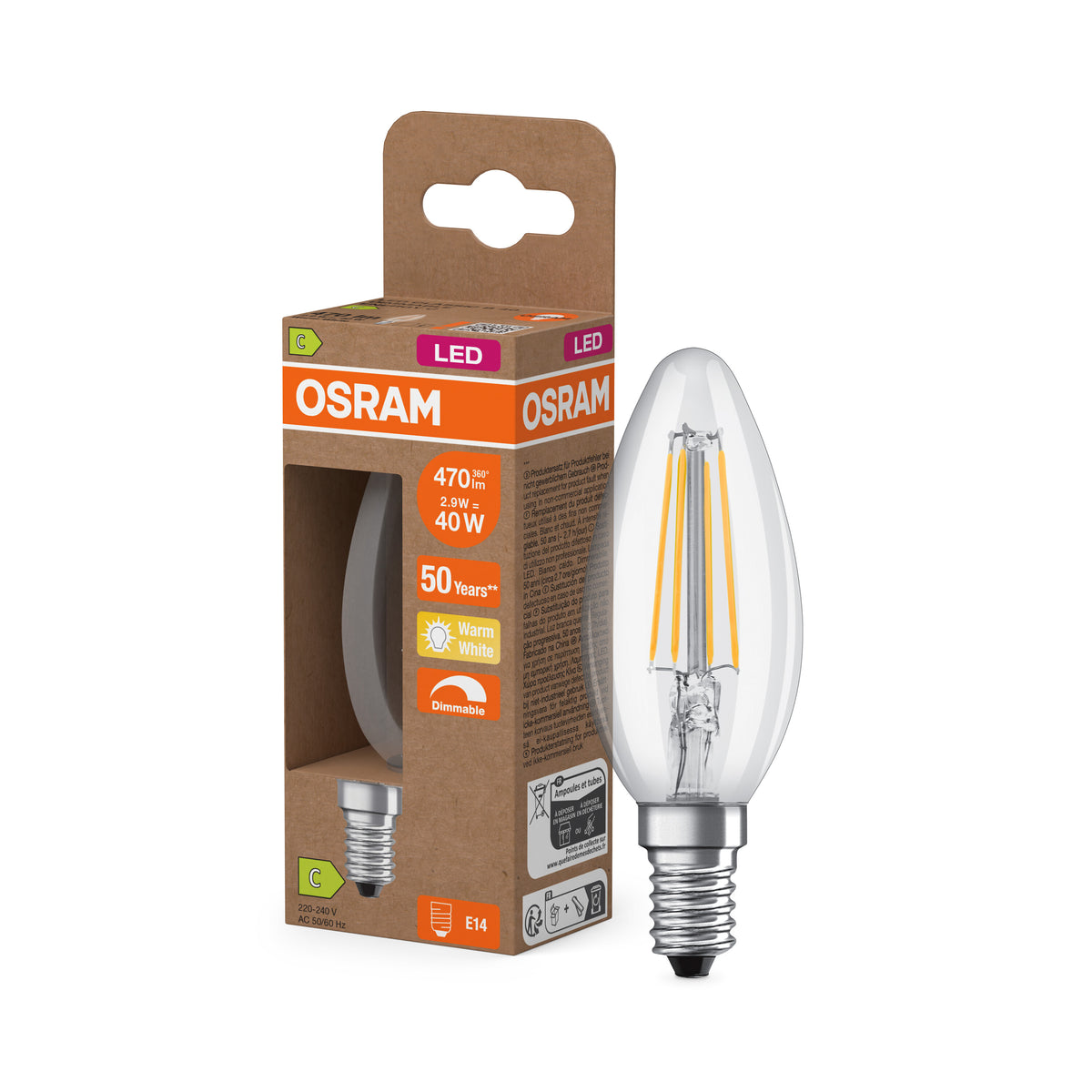 OSRAM LED CLASSIC B ENERGIE-EFFICIËNTIE C DIM in B-vorm, LED-lamp, loodvrij glas, helder, 2,9 W, (ex 40 W), 470 lm, warmwit, 2700 K, dimbaar, 50.000 uur, CRI 80