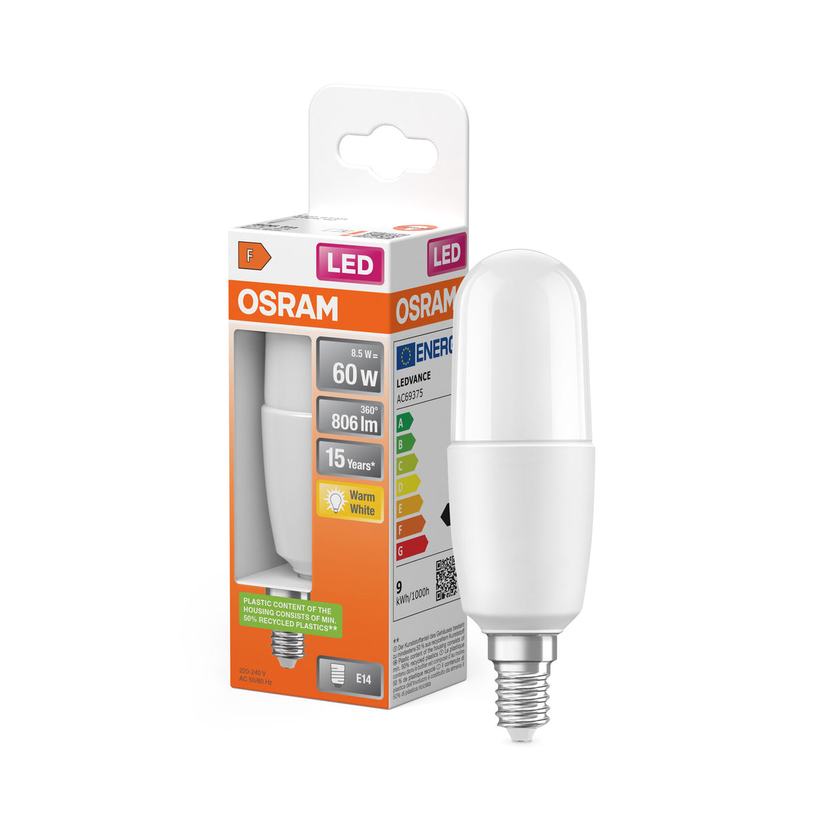 OSRAM LED PCR CLASSIC STICK LAMP in staafvorm, LED-lamp, mat, 8,5 W, (ex 60 W), 806 lm, warmwit, 2700 K, 15.000 uur, CRI 80