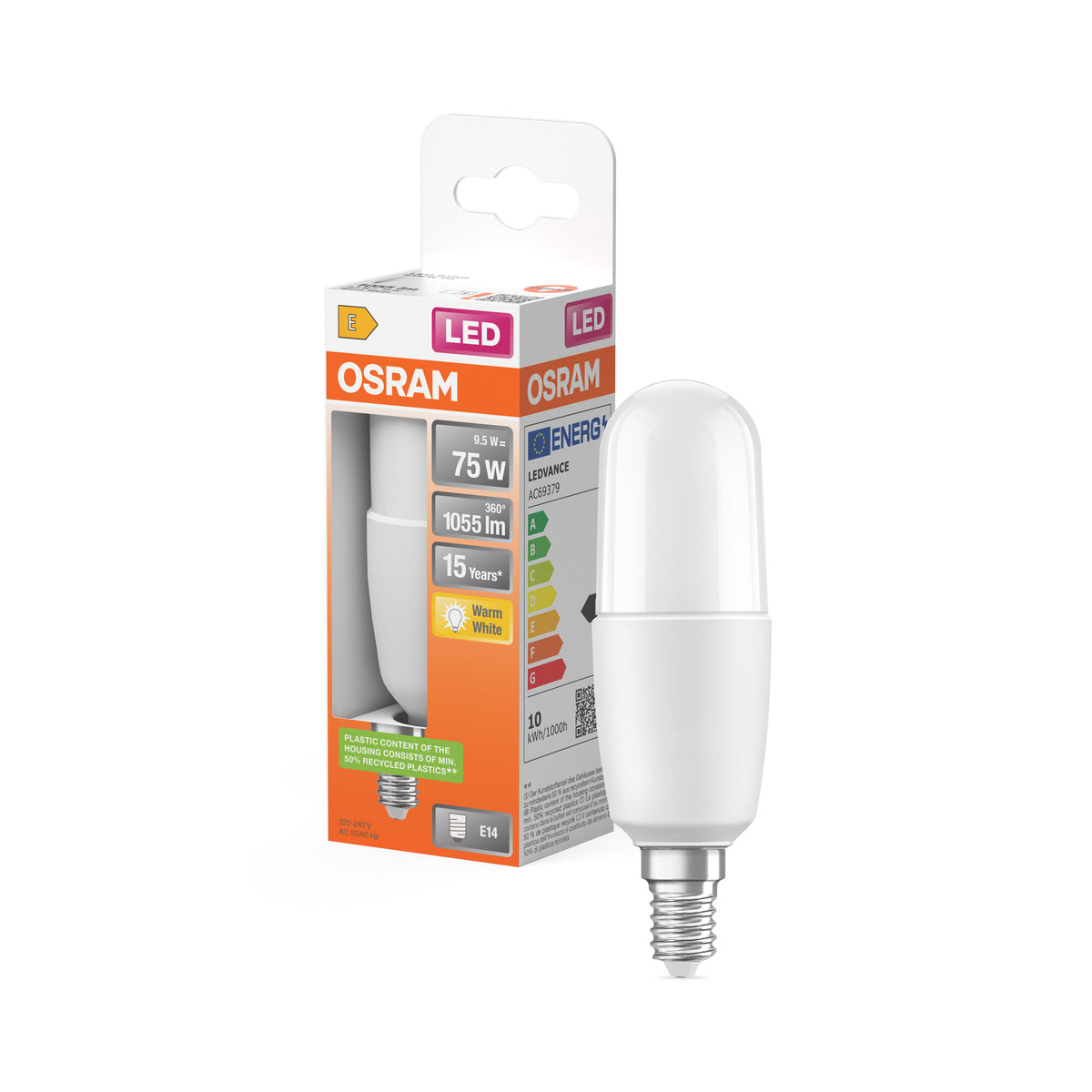 OSRAM LED PCR CLASSIC STICK LAMP in staafvorm, LED-lamp, mat, 9,5 W, (ex 75 W), 1055 lm, warmwit, 2700 K, 15.000 uur, CRI 80
