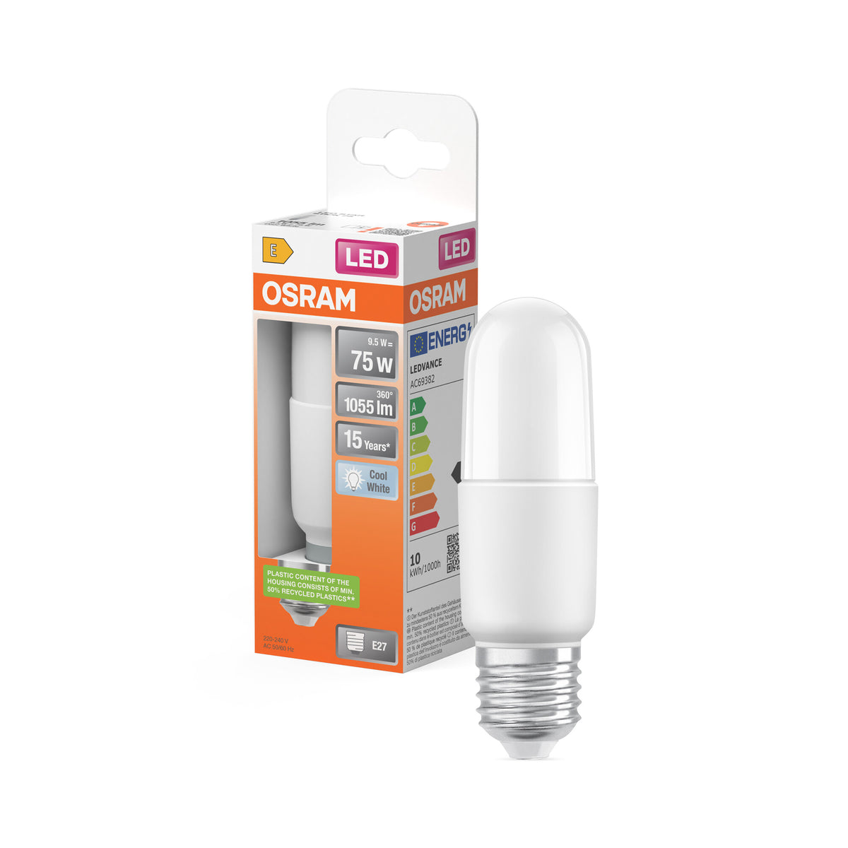 OSRAM LED PCR CLASSIC STICK LAMP in staafvorm, LED-lamp, mat, 9,5 W, (voorheen 75 W), 1055 lm, koudwit, 4000 K, 15.000 uur, CRI 80