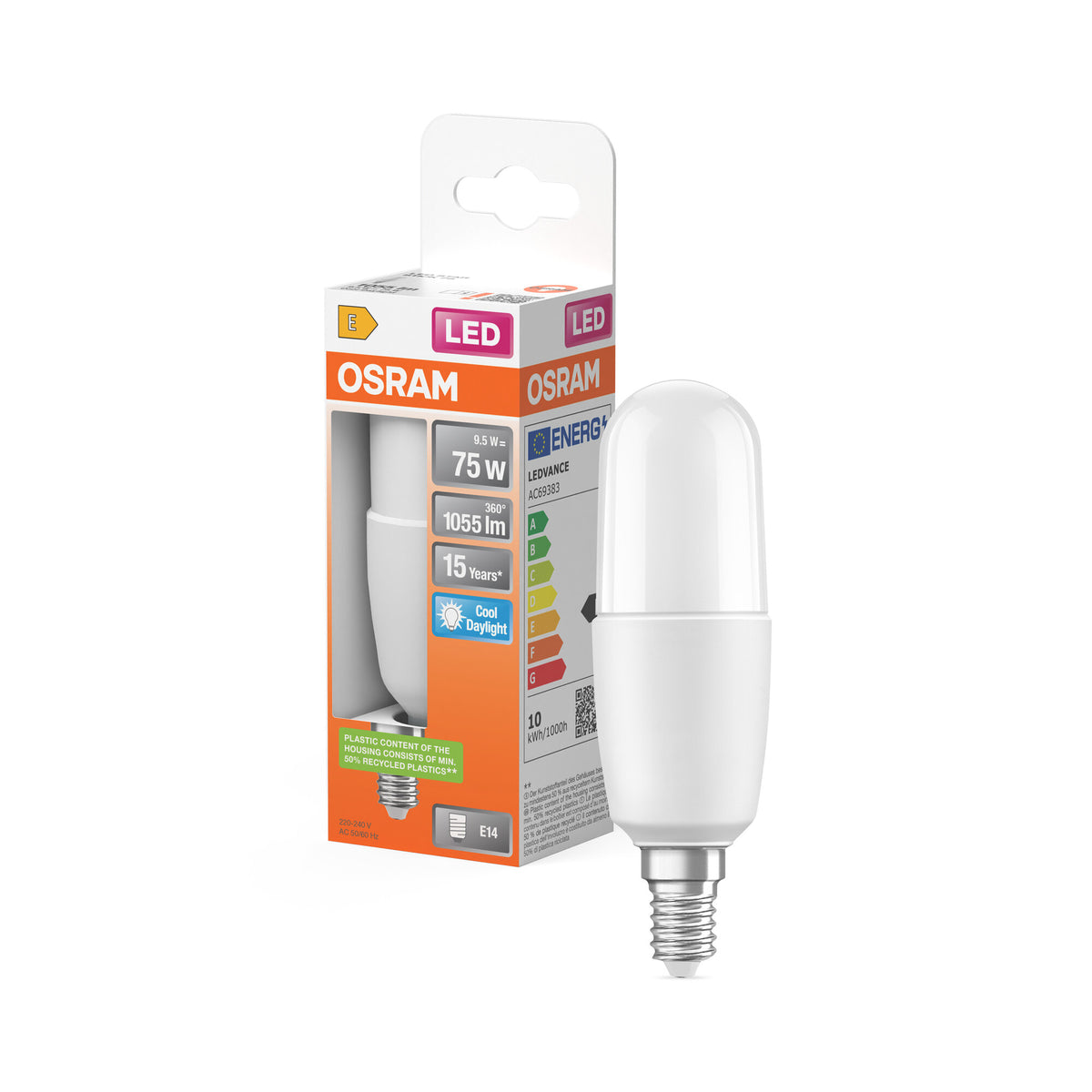 OSRAM LED PCR CLASSIC STICK LAMP, LED-lamp, mat, 9 W, (ex 75 W), 1050 lm, koudwit, 6500 K, 15.000 uur, CRI 80