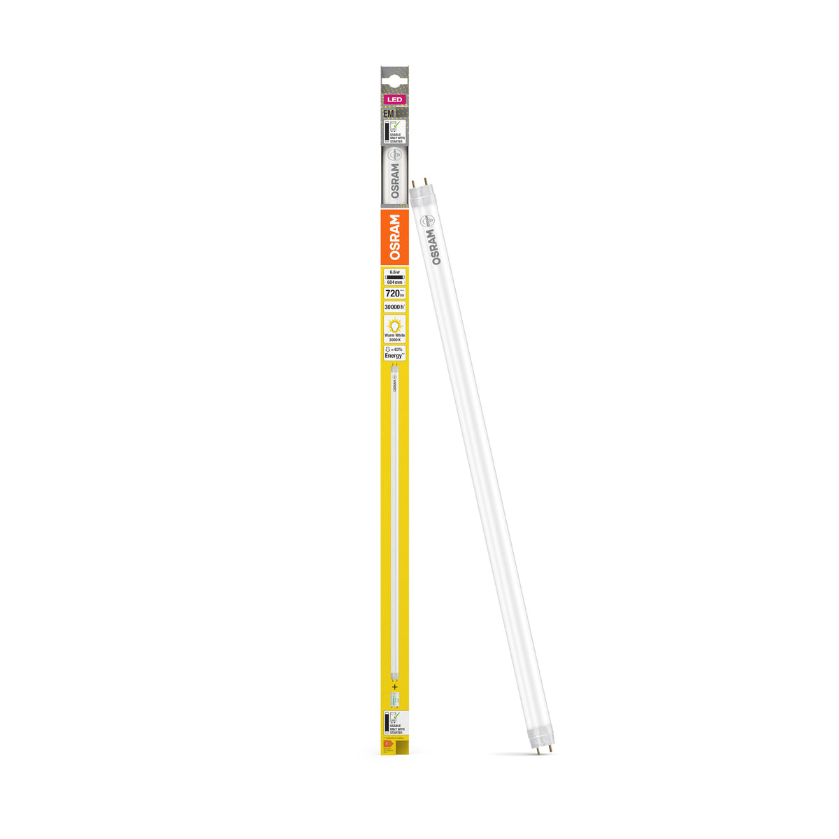 OSRAM LED TUBE T8 EM PLASTIC in buisvorm, aan beide kanten voorzien van een fitting, LED-buis, mat, 6,6 W, (ex 18 W), 720 lm, warmwit, 3000 K, 30.000 uur, CRI 80
