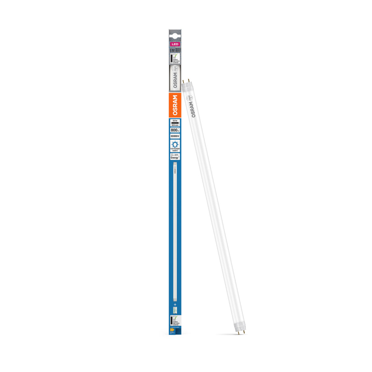OSRAM LED TUBE T8 EM PLASTIC in buisvorm, aan beide kanten voorzien van een fitting, LED-buis, mat, 6,6 W, (ex 18 W), 800 lm, koudwit, 6500 K, 30.000 uur, CRI 80