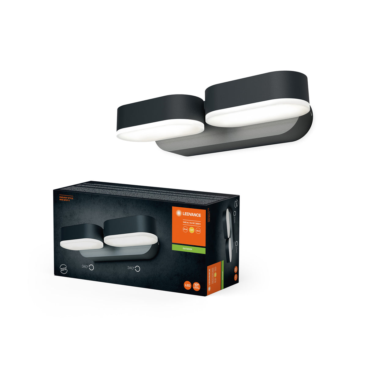 LEDVANCE ENDURA Style set van 2 minispots in donkergrijs, LED-wandlamp voor buiten met een 340° draaibare kop, IP44-bescherming, ideaal voor verlichting bij de ingang