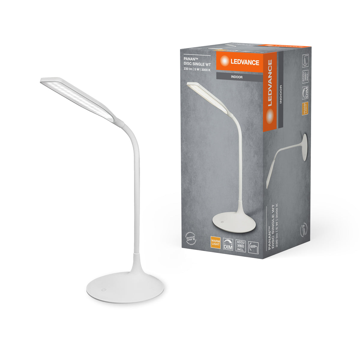 LEDVANCE Panan Disc LED-tafellamp Wit, Warmwit 3000K, werkt op accu, dimbaar, flexibele arm, voor woon- en werkruimtes