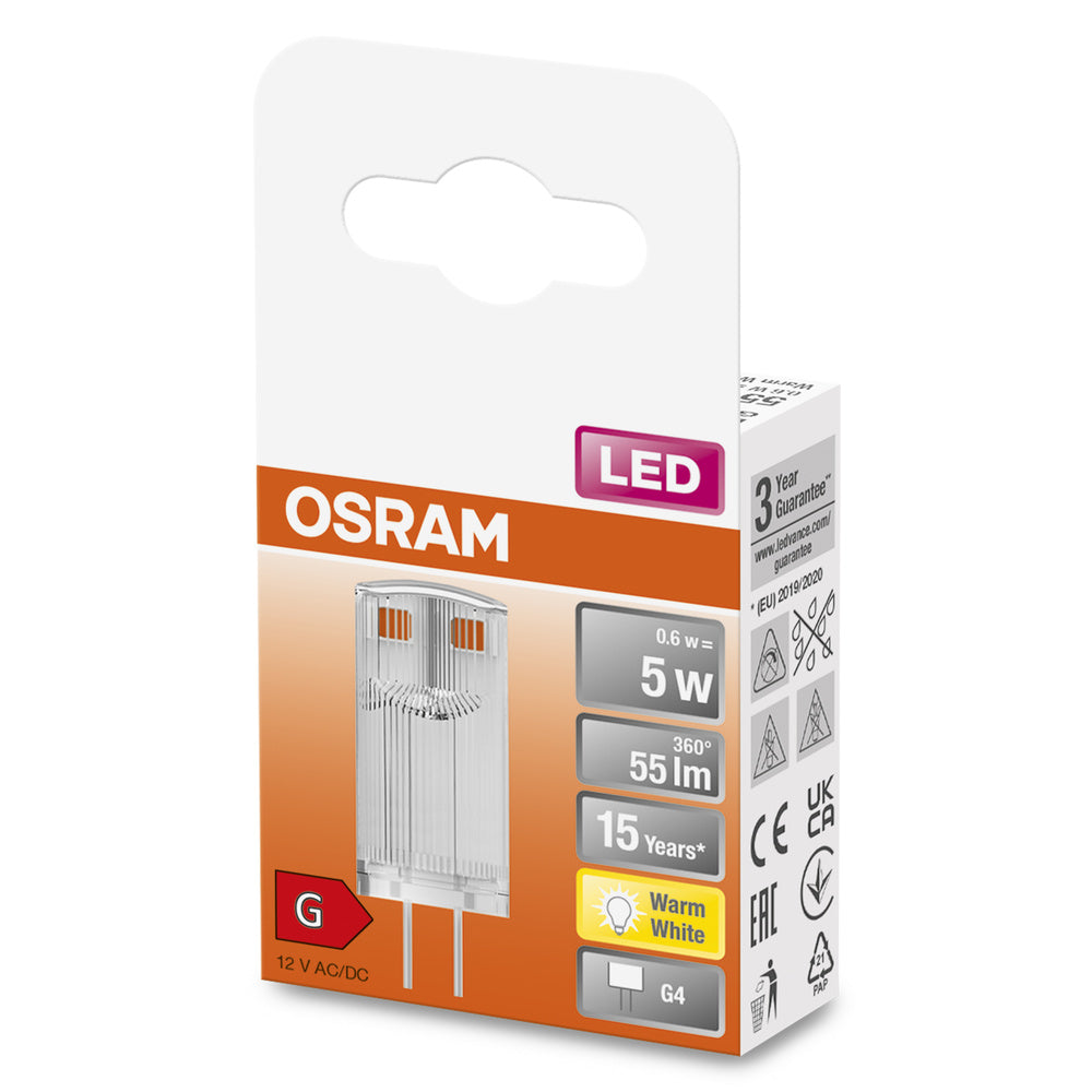 OSRAM LED Stiftsockellampe PIN 12 V 0.6W 827 Clear G4, 55 lm, 2700 K, Warmweiß-LEDVANCE Shop