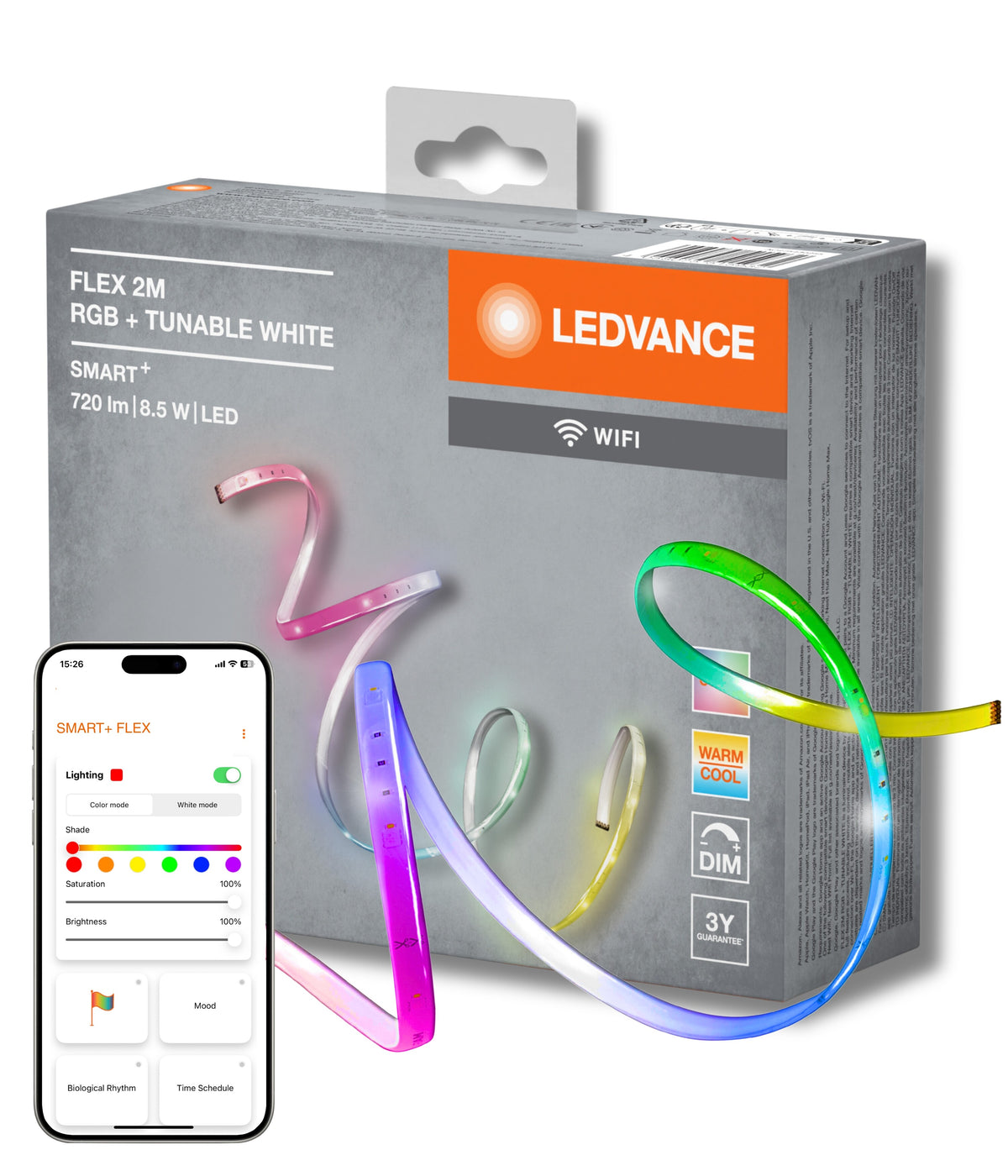LEDVANCE SMART+ Wifi Flex dekorative LED-Strips 2M RGB + TW, Transparent aus Silikon, IP20-Schutz, für Wohnräume zur indirekten Beleuchtung