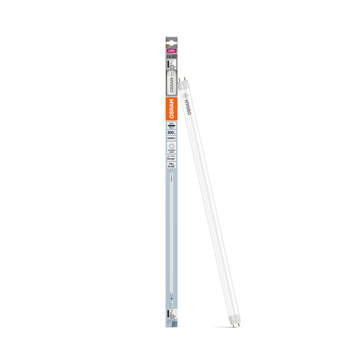 OSRAM LED TUBE T8 EM in buisvorm, aan beide kanten voorzien van een fitting, LED-buis, loodvrij glas, mat, 6,6 W, (ex 18 W), 800 lm, koudwit, 4000 K, 30.000 uur, CRI 80