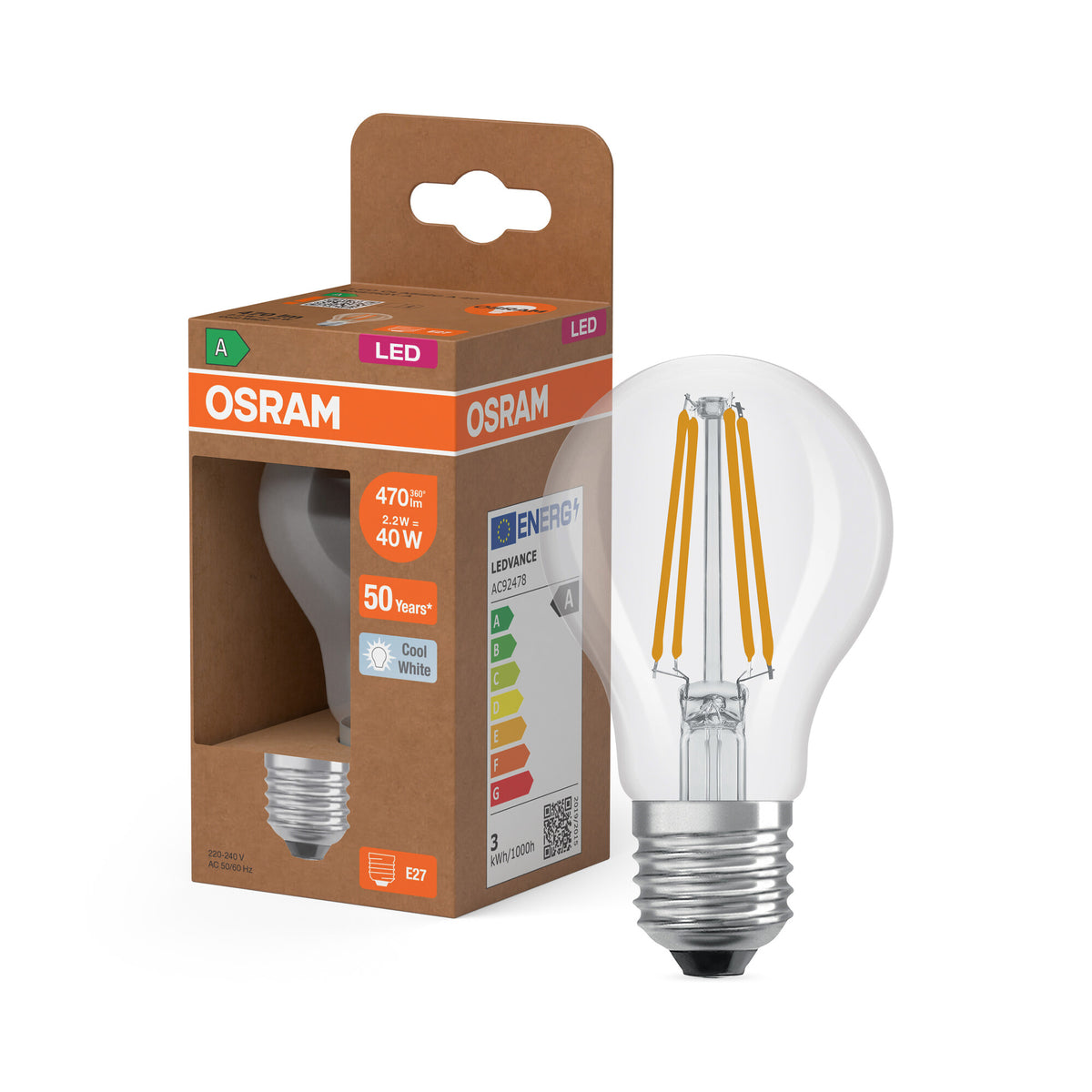 OSRAM LED-LAMPEN ENERGIEKLASSE A ENERGIE-EFFICIËNTIE FILAMENT CLASSIC A in A-vorm, LED-lamp, loodvrij glas, helder, 2,2 W, 470 lm, koudwit, energie-efficiëntieklasse: A