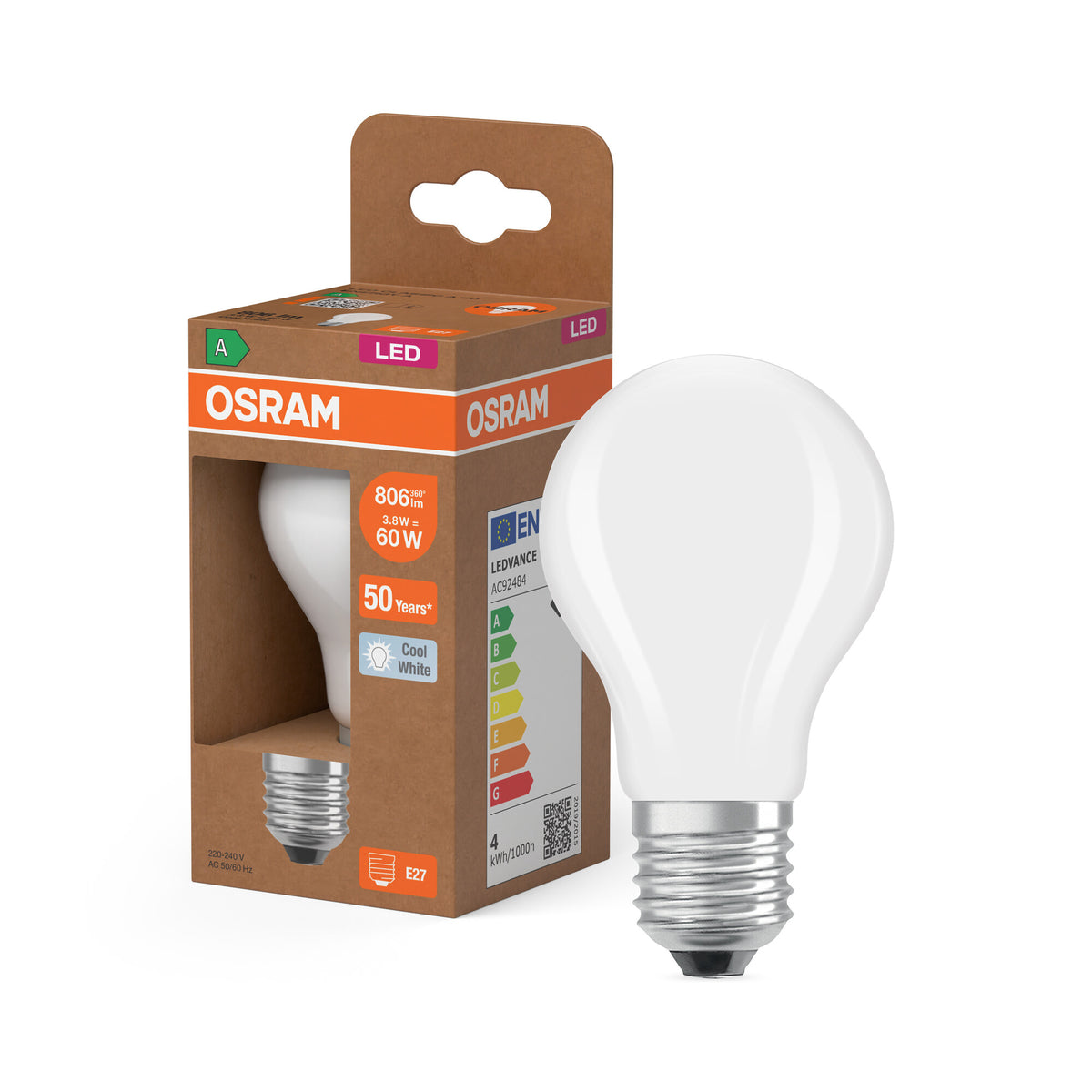 OSRAM LED-LAMPEN ENERGIEKLASSE A ENERGIE-EFFICIËNTIE FILAMENT CLASSIC A in A-vorm, LED-lamp, loodvrij glas, mat, 3,8 W, 806 lm, koudwit, energie-efficiëntieklasse: A