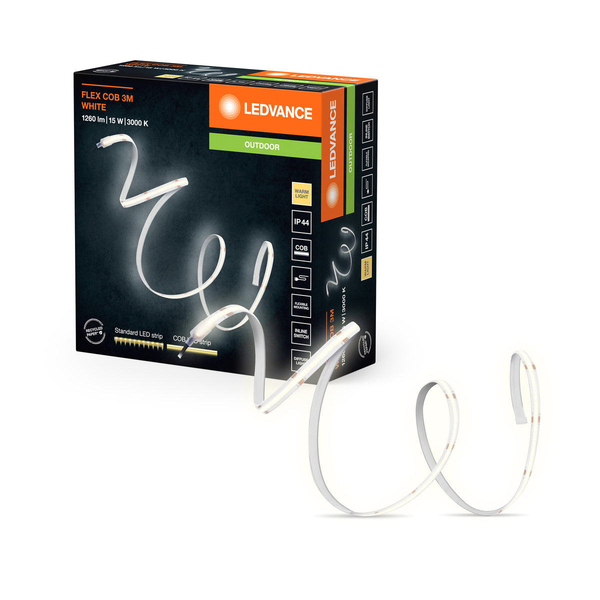 LEDVANCE FLEX COB OUTDOOR 3M LED-strip, wit, 13W, 1900 lm, warmwit licht, COB-technologie, gelijkmatige lichtverdeling, lange levensduur, eenvoudige montage, beschermingsklasse IP44, 3000K