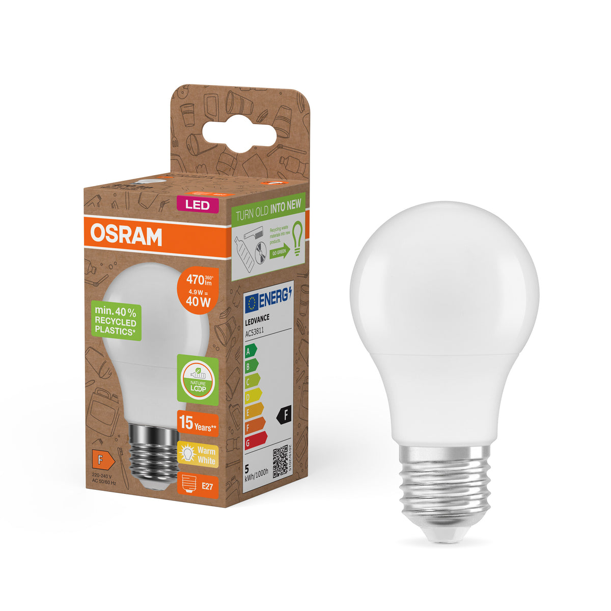 OSRAM LED PCR-LAMPEN MET CLASSIC A, LED-lamp, mat, 4,9 W, (ex 40 W), 470 lm, warmwit, 2700 K, 15.000 uur, CRI ≥80