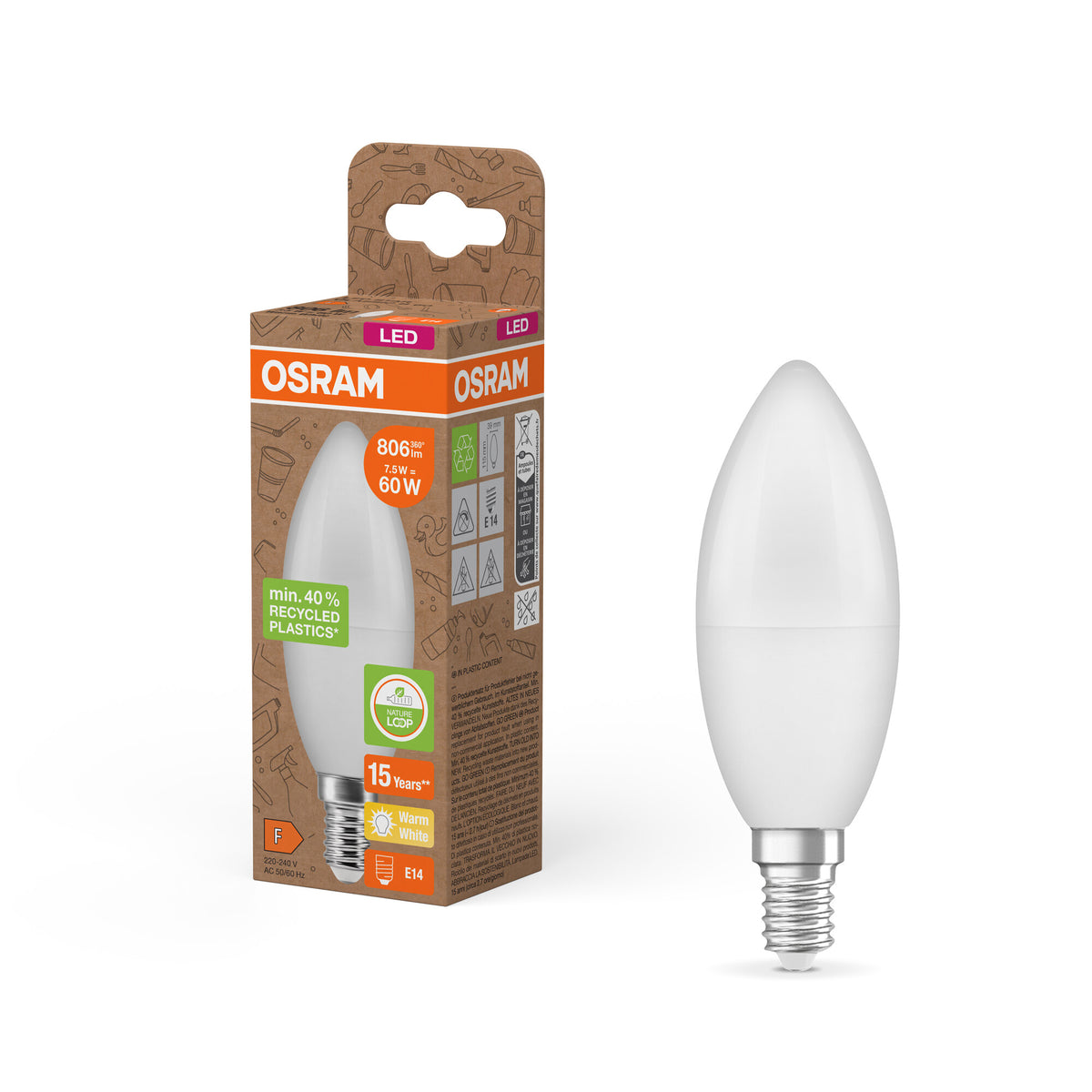 OSRAM LED PCR-LAMPEN MET CLASSIC B, LED-lamp, mat, 7,5 W, (ex 60 W), 806 lm, warmwit, 2700 K, 15.000 uur, CRI ≥80