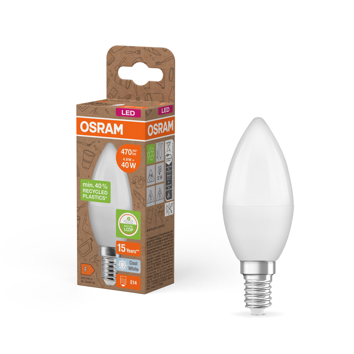 OSRAM LED PCR-LAMPEN MET CLASSIC B, LED-lamp, mat, 4,9 W, (ex 40 W), 470 lm, koudwit, 4000 K, 15.000 uur, CRI ≥80