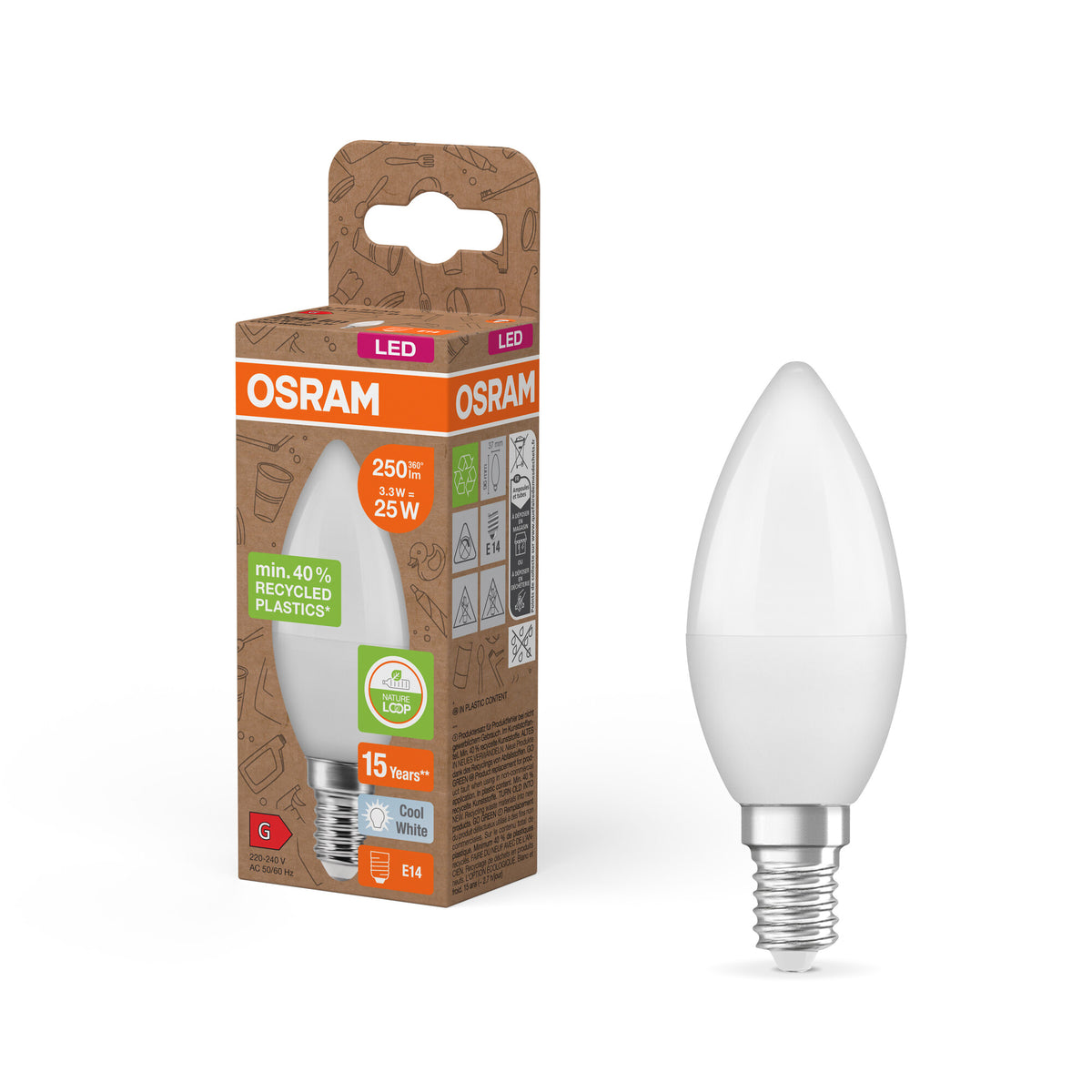 OSRAM LED PCR-LAMPEN MET CLASSIC B, LED-lamp, mat, 3,3 W, (ex 25 W), 250 lm, koudwit, 4000 K, 15.000 uur, CRI ≥80